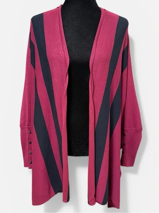 Alfani Open Front Cardigan Burgundy Black Stripe Lightweight Drape Top Large - Picture 2 of 9